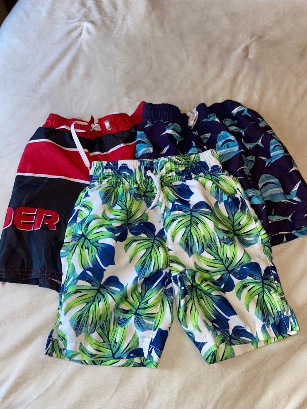 Boys White Swim Trunks with Green & Blue Tropical Leaf Print